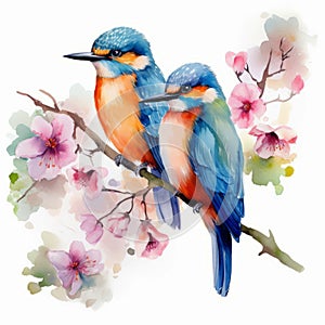 Watercolor Couple of bird on a branch with Blossom flower isolated on White Background
