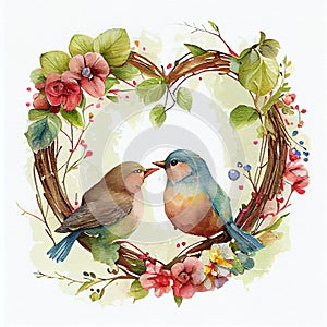 Watercolor Couple Bird in love with heart shape floral wreath.