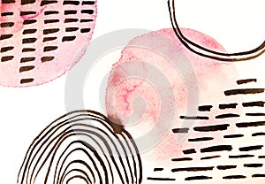 Watercolor cover template in memphis, noetic style. Pink and black elements on white