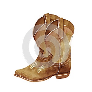 Watercolor cowboy boots. Farmhouse rastic clipart. Wils West illustration. photo