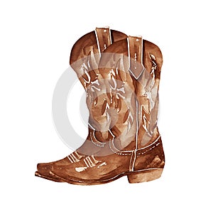 Watercolor cowboy boots. Farmhouse rastic clipart. Wils West illustration. photo