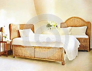 Watercolor of A cozy Bedroom with a wicker headboard and chintz