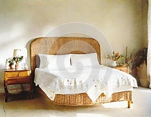 Watercolor of A cozy Bedroom with a wicker headboard and chintz