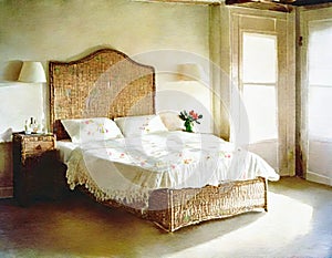 Watercolor of A cozy Bedroom with a wicker headboard and chintz