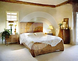 Watercolor of A cozy Bedroom with a wicker headboard and chintz