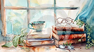 Watercolor of Cozy Christian Reading Nook by Window photo