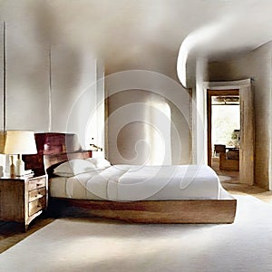 Akvarel z útulný elegantní ložnice prostorný postel okouzlující krb 