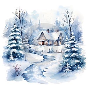 Watercolor cozy winter cottage scene with snow-covered trees isolated on white background