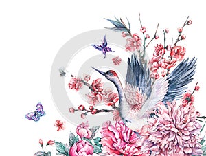 Watercolor crane, blooming branches of cherry, peonies