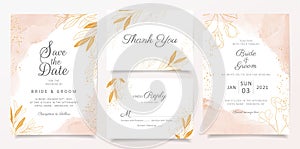 Watercolor creamy wedding invitation card template set with golden floral decoration. Abstract background save the date,