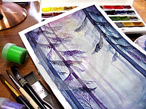 Watercolor creative art drawing magic forest wood nature gouache paint pot brush paintbrush photo