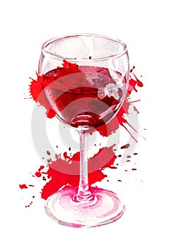 Watercolor creative artistic red wine glass with aquarel splash, stain