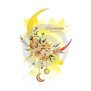 Watercolor of crescent moon with watercolor splash background and golden flowers ornament illustration