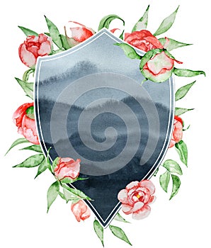 Watercolor crest Romantic frame with flowers Card template. Watercolor peonies with leaves on the grey background