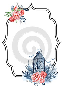 Watercolor crest Romantic frame with flowers Card template on the white background