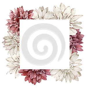 Watercolor crimson and white chrysanthemum frame. Fall flowers square template. Autumn frame.