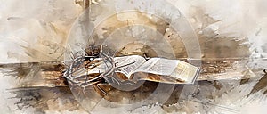 Watercolor Crown of Thorns and Bible on Table