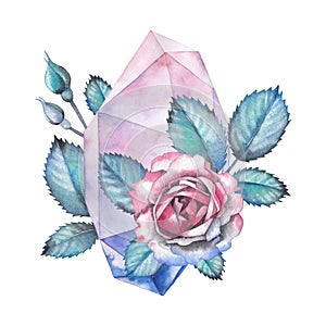 Watercolor crystal and rose leaves