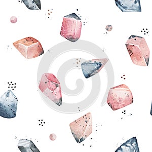 Watercolor Crystals seamless pattern, Natural Minerals, multicolored stones ornament print. Hand drawn stock illustration isolated photo
