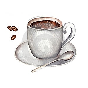 Watercolor cup of  black coffee, spoon and coffee beans isolated on white background. Hand drawn