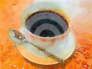 Watercolor cup of black coffee in tea cup with spoon