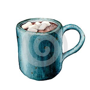 Watercolor cup of cacao with marshmallow. Hand painted mug with hot drink isolated on white background. Seasonal