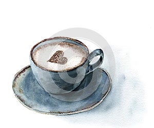 Watercolor cup of cappuccino with cinnamon heart decor. Food illustration with blue cup of coffee on white background