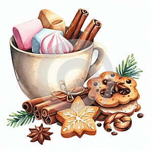 Watercolor Cup of hot chocolate with marshmallow, gingerbread cookies, cinnamon and star anise.