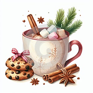 Watercolor Cup of hot chocolate with marshmallow, gingerbread cookies, cinnamon and star anise.
