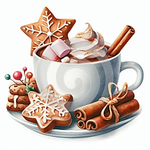 Watercolor Cup of hot chocolate with marshmallow, gingerbread cookies, cinnamon and star anise.