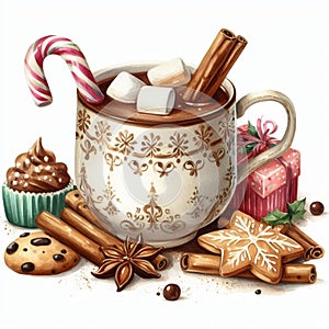 Watercolor Cup of hot chocolate with marshmallow, gingerbread cookies, cinnamon and star anise.