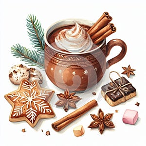 Watercolor Cup of hot chocolate with marshmallow, gingerbread cookies, cinnamon and star anise.