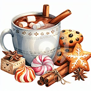 Watercolor Cup of hot chocolate with marshmallow, gingerbread cookies, cinnamon and star anise.