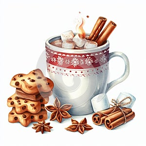 Watercolor Cup of hot chocolate with marshmallow, gingerbread cookies, cinnamon and star anise.