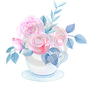 Watercolor Cup with pink roses and leaves on a white background.Cute watercolour illustration