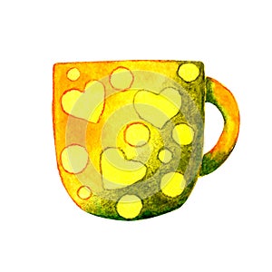 Watercolor cup of teaLarge bright mug with hearts for tea or coffee. Hand watercolor illustration isolated on white background