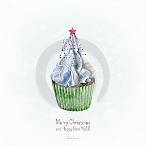Watercolor cupcake. Christmas and New Year card