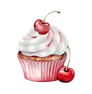 Watercolor cupcake with fresh cherry isolated on white background