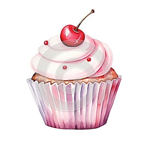 Watercolor cupcake with fresh cherry isolated on white background