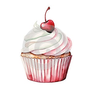 Watercolor cupcake with fresh cherry isolated on white background