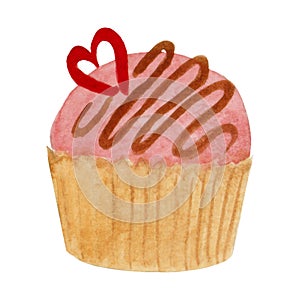 Watercolor cupcake with heart isolated on a white background. For various products, birthday, Valentine's Day, cards