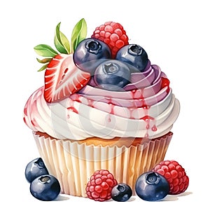 Watercolor cupcake with pink cream and fresh berries isolated on white background