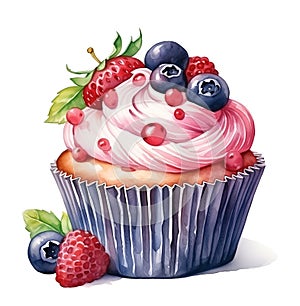 Watercolor cupcake with pink cream and fresh berries isolated on white background