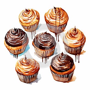 Watercolor Cupcakes With Chocolate Drizzle - Realistic Illustration