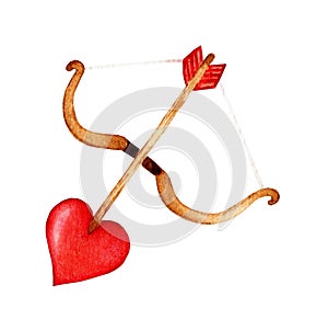 Watercolor Cupid `s bow and arrow with a tip in the shape of a heart isolated on a white background.