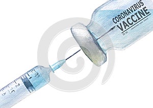 Watercolor cut plastic medical syringe with glass ampoule vial with coronavirus COVID-19 vaccine