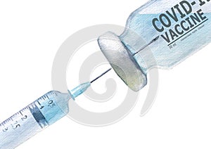 Watercolor cut plastic medical syringe with glass ampoule vial with coronavirus COVID-19 vaccine