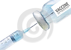 Watercolor cut plastic medical syringe with glass ampoule vial with vaccine isolated on white background