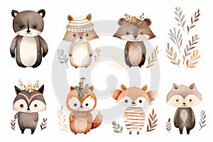 Watercolor of cute American Indian with animals such as a rabbit, bear, fox, raccoon, deer, cat, panda, owl, and sloth. Each