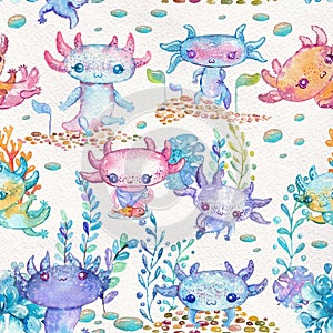 Watercolor cute axolotl characters for kid`s design, pattern